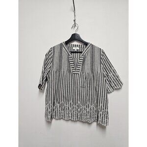 Lucky Brand Gray White Stripe Top Large Blouse with Scalloped Embroidered Edges